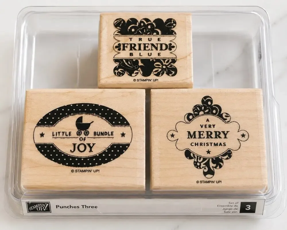 Stampin’ Up Punches Three Set of 3 Wood Mount Rubber Stamps Unused  -Vintage